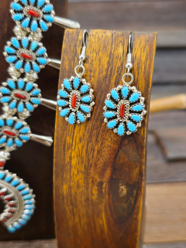 Sterling Silver Turquoise and Coral Squash Blossom Necklace and Earring Set - 24 in.