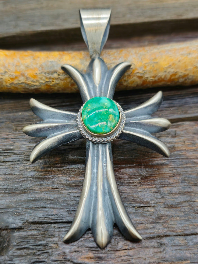 Emerald Valley Turquoise Sterling Silver Cross Pendant by Harrison Bitsue