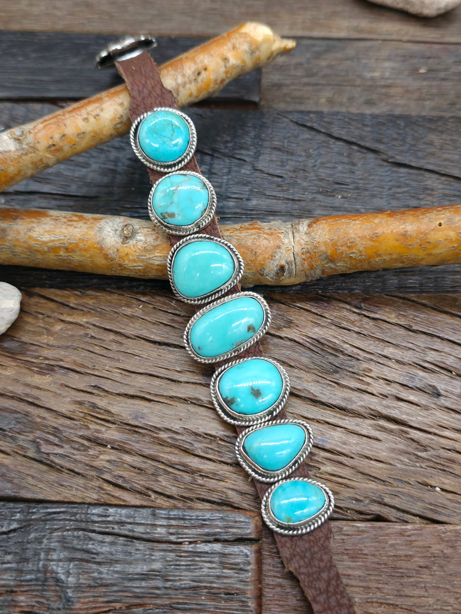 Seven Stone Turquoise Brown Leather Buckle Bracelet - 8 in.