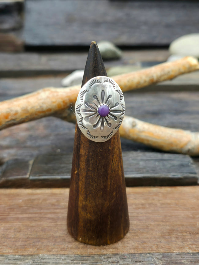 Oval Stamped Coin Silver Ring with Purple Mojave - Size 7