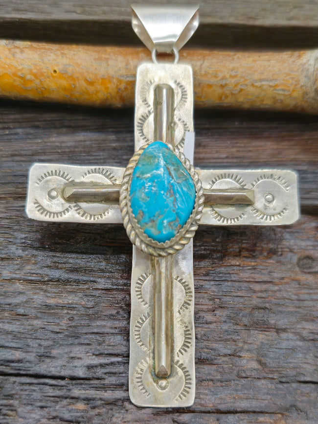 Sterling Silver Cross with Kingman Turquoise by Julia Etsitty