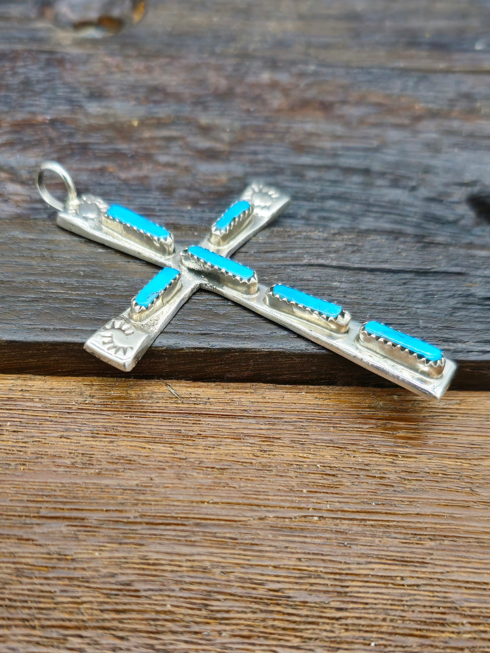 Sterling Silver Turquoise Needlepoint Cross by C. Iule - 3 by 2 in.