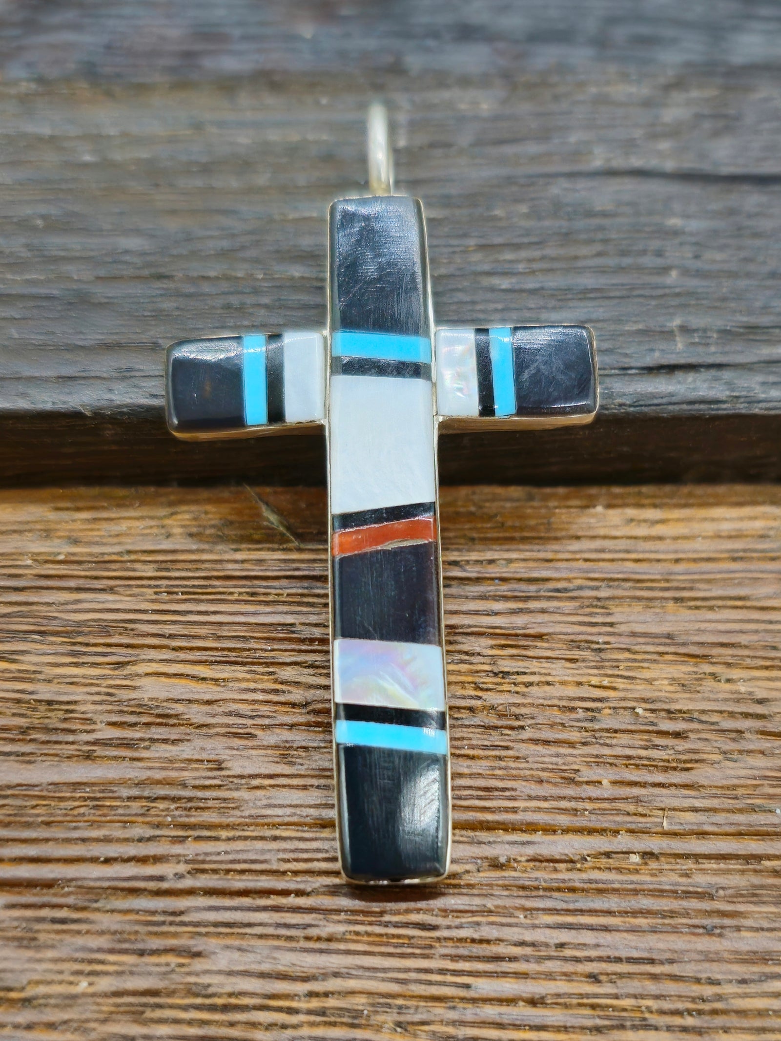 Zuni Multistone Inlay Cross Pendant by Bobby Sanchez - 2 by 1 in.