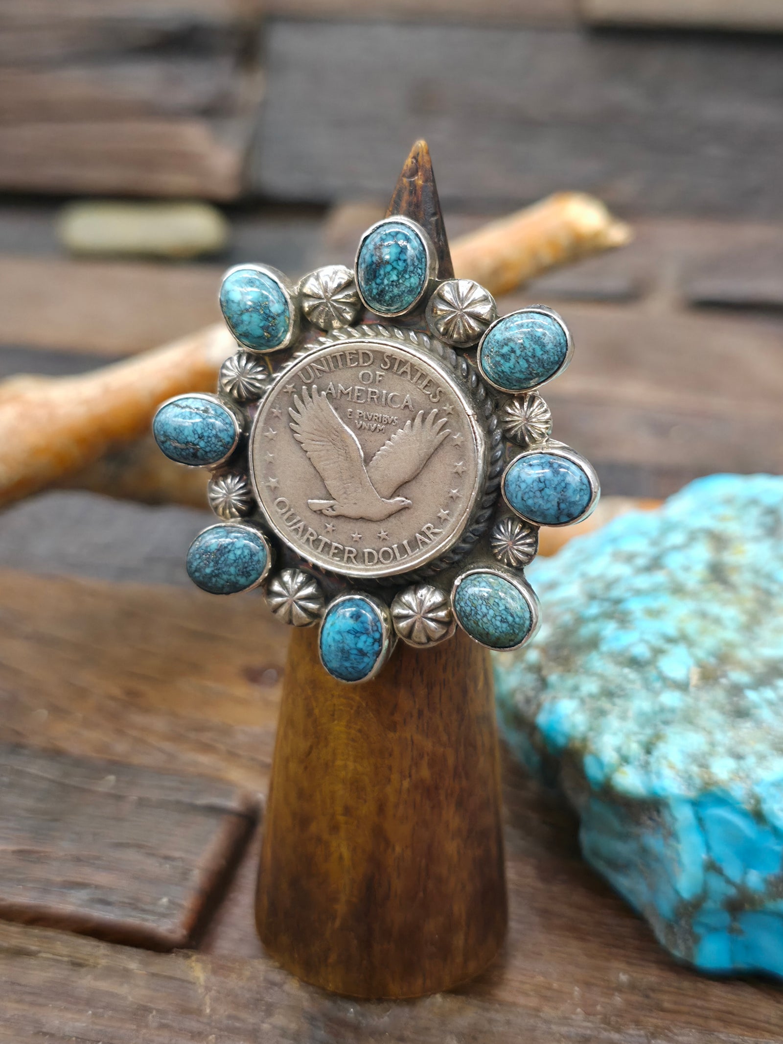 Blue Turquoise and Eagle Quarter Coin Ring by Rosella Paxson - Size 9