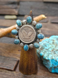 Blue Turquoise and Eagle Quarter Coin Ring by Rosella Paxson - Size 9