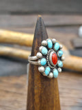 Sterling Silver Turquoise and Coral Cluster Ring - Size 5 1/2