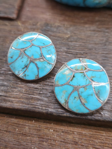 Sterling Silver Zuni Inlay Post Dangle Earrings by Melvina Toadlena - 2 1/4 in. by 1/2 in.