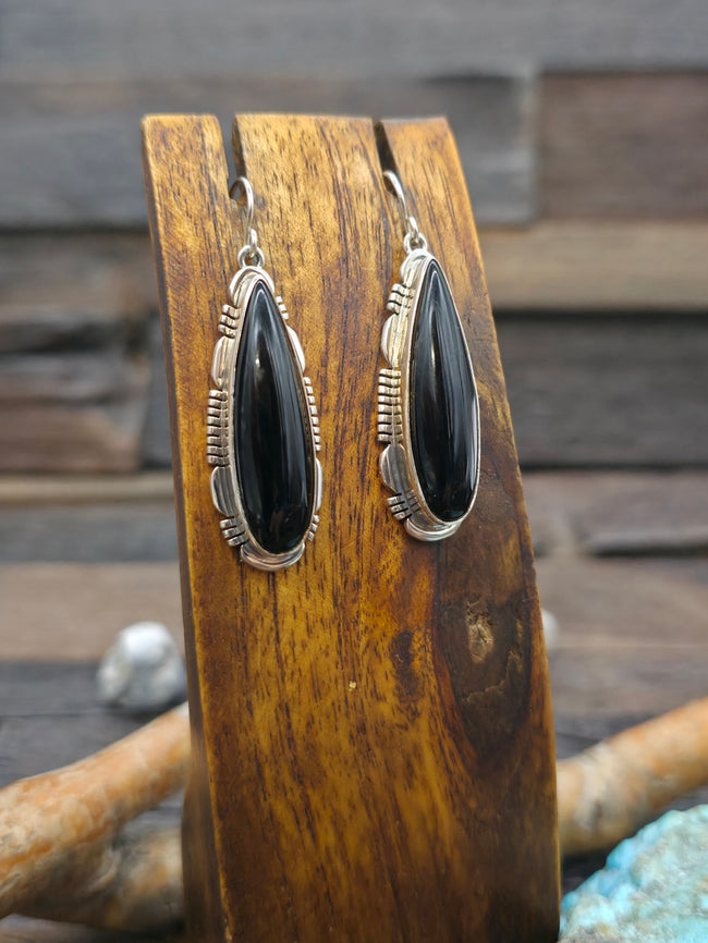 Black Onyx Sterling Silver Teardrop Hook Dangle Earrings - 1 5/8 in