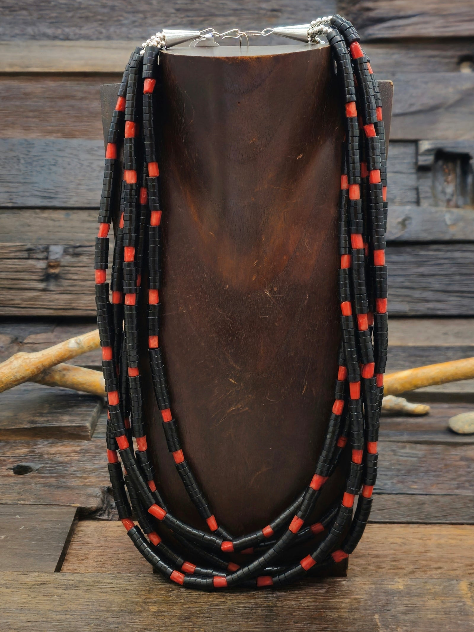 Five Strand Jet and Coral Necklace by Fred Archuleta - 33 in