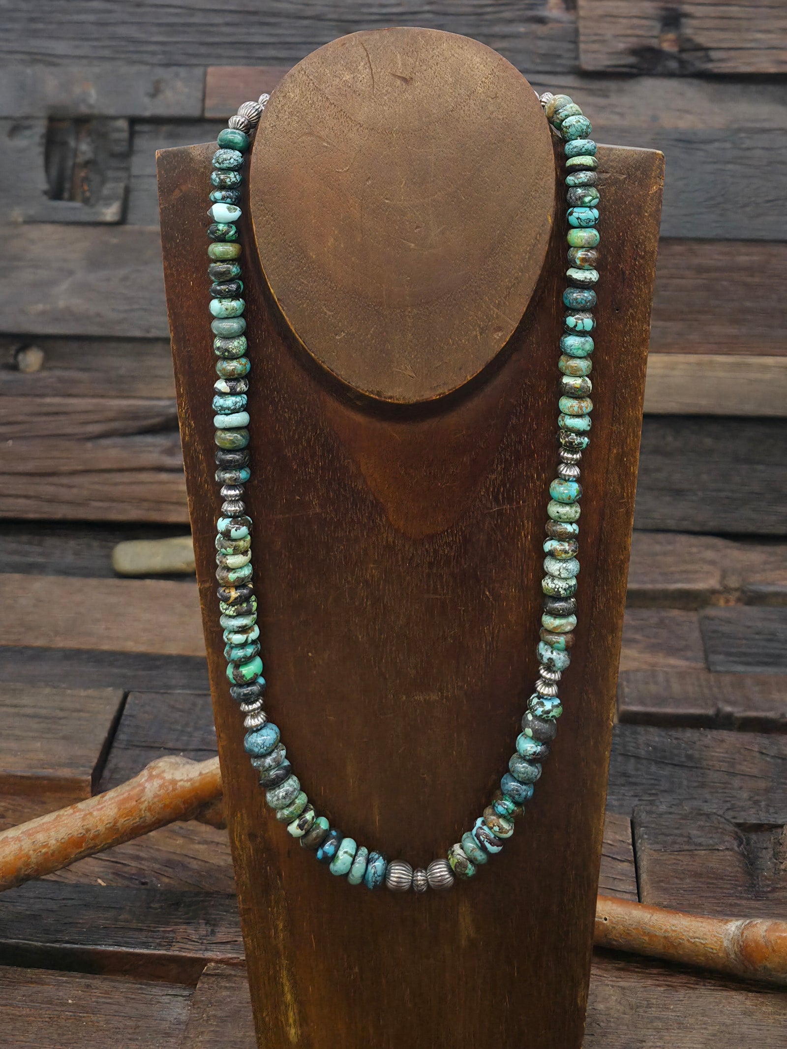 Blue Skyhorse Turquoise and Fluted Sterling Silver Bead Necklace - 22 in.