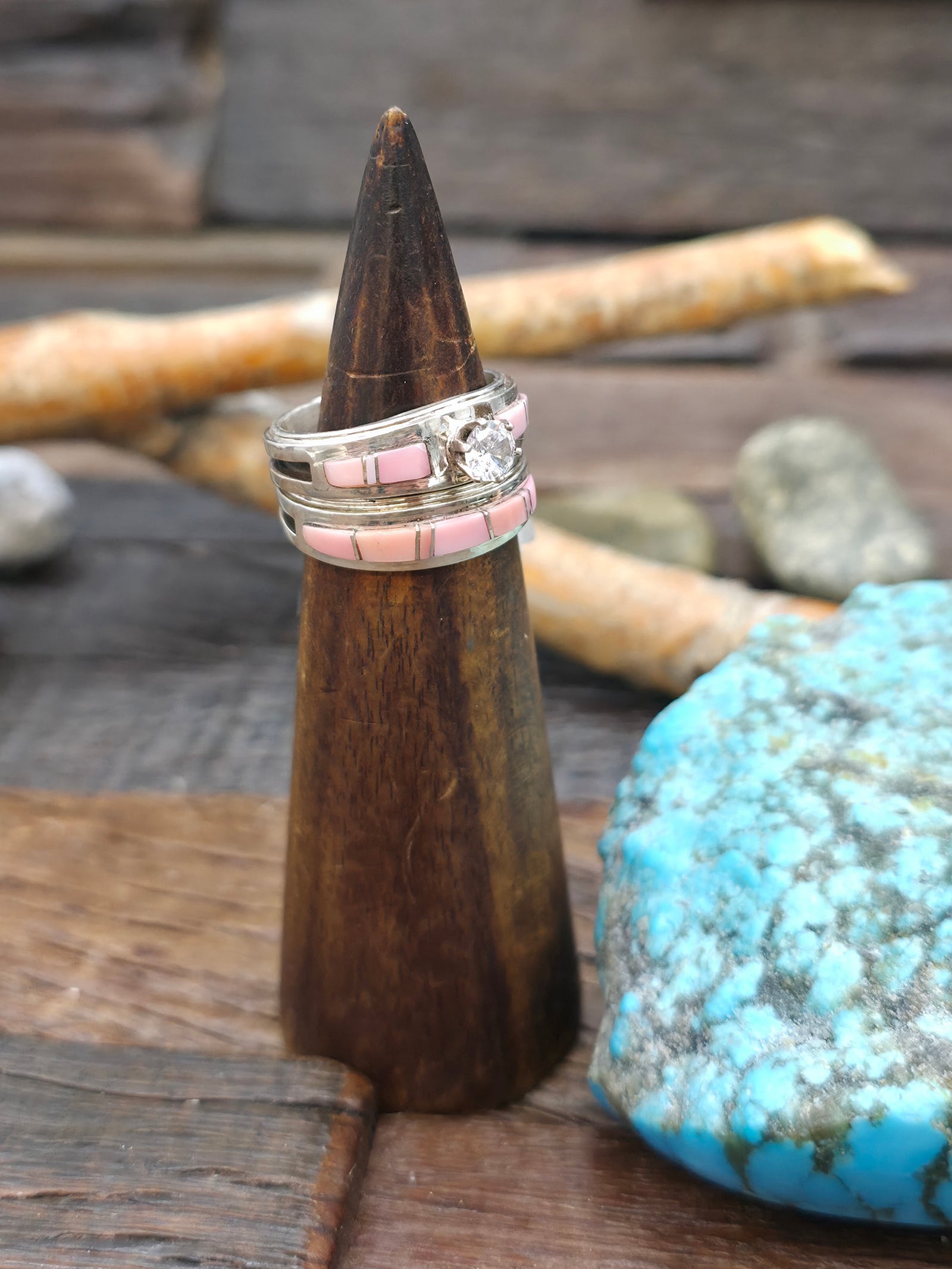 Sterling Silver Inlay Pink Conch Wedding Band Set Size by Wilbert Muskett Jr.