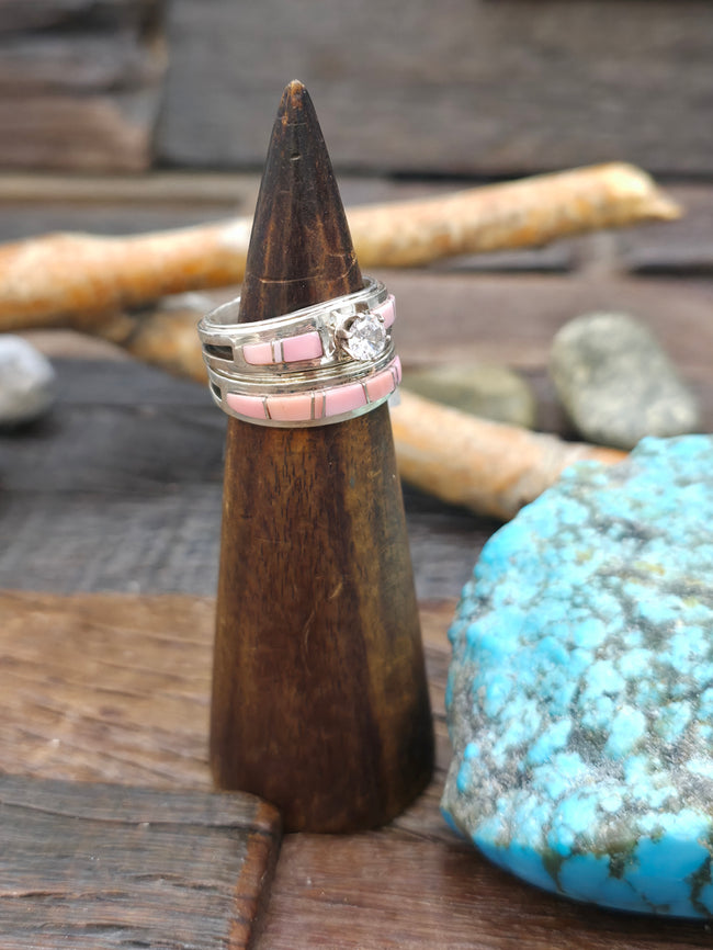 Sterling Silver Inlay Pink Conch Wedding Band Set Size by Wilbert Muskett Jr.