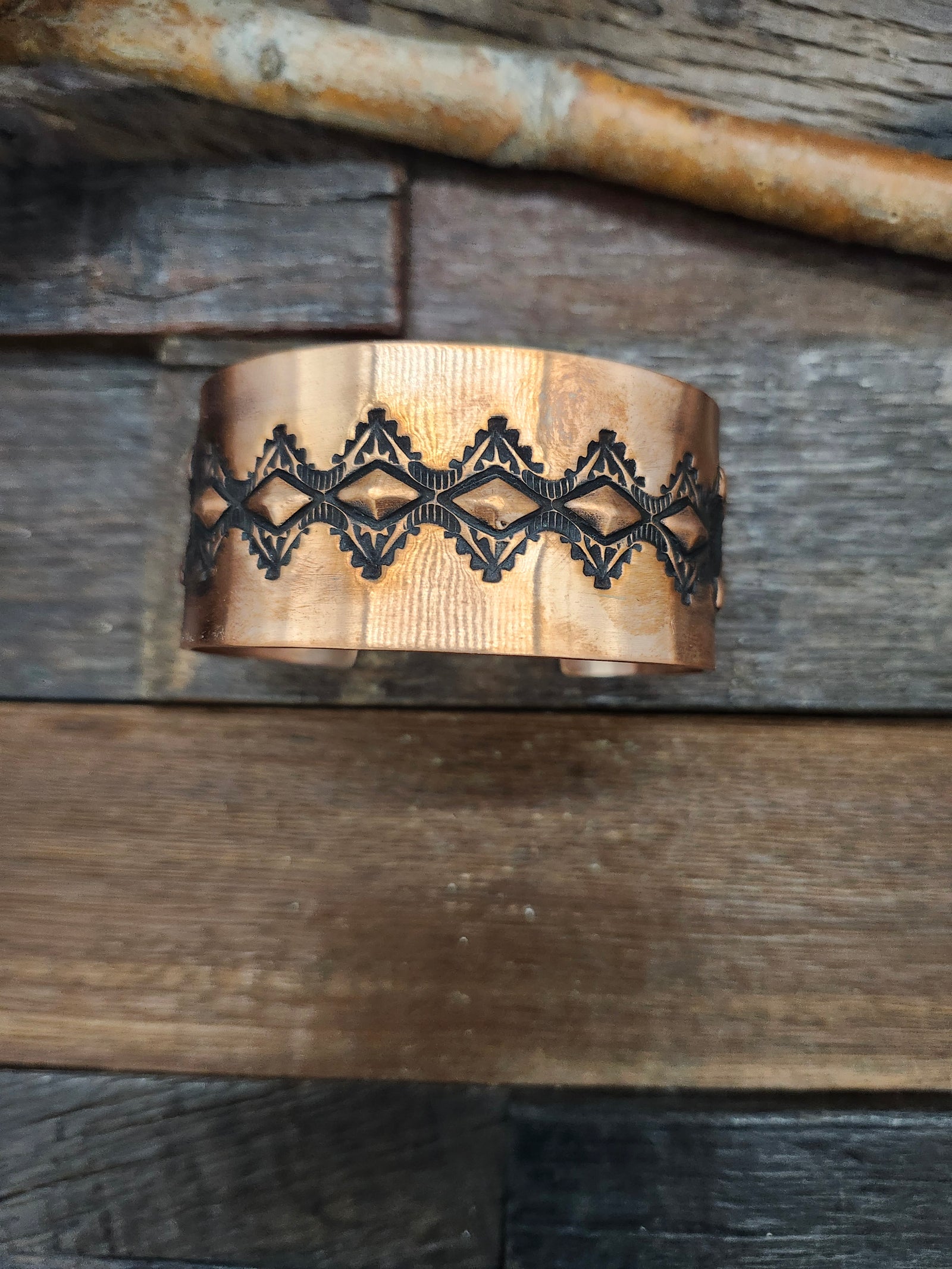 Stamped Copper Bracelet by Elvira Bill 7" w/ 1 1/2" opening