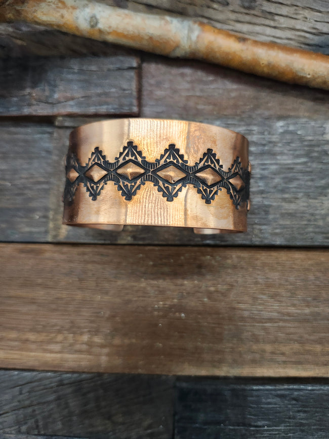 Stamped Copper Bracelet by Elvira Bill 7" w/ 1 1/2" opening