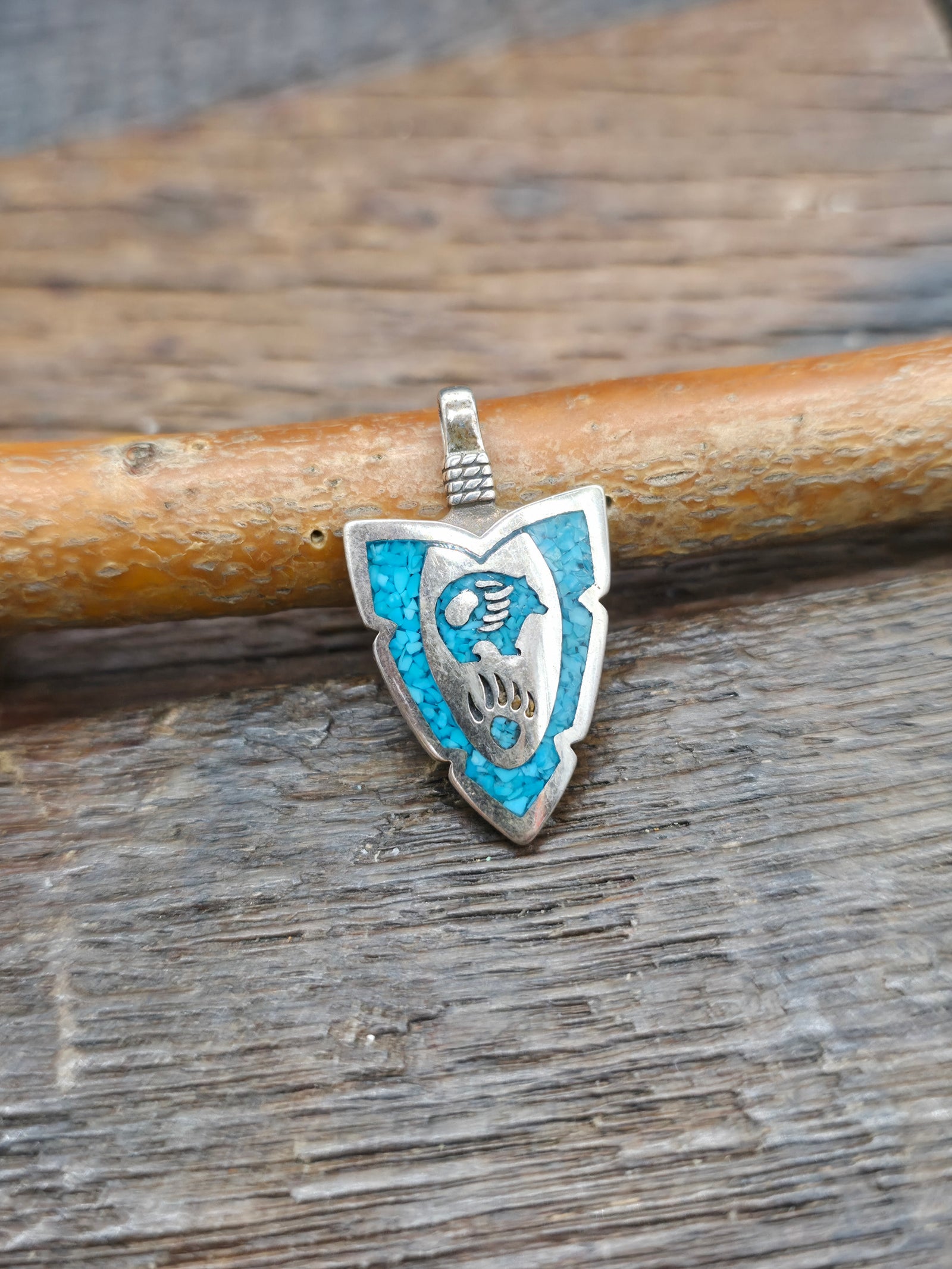 Small Sterling Silver Turquoise Chip Inlay Arrowhead Pendant - Bear with Filled Center NON NATIVE MADE - 1 1/4 in. by 3/4 in.