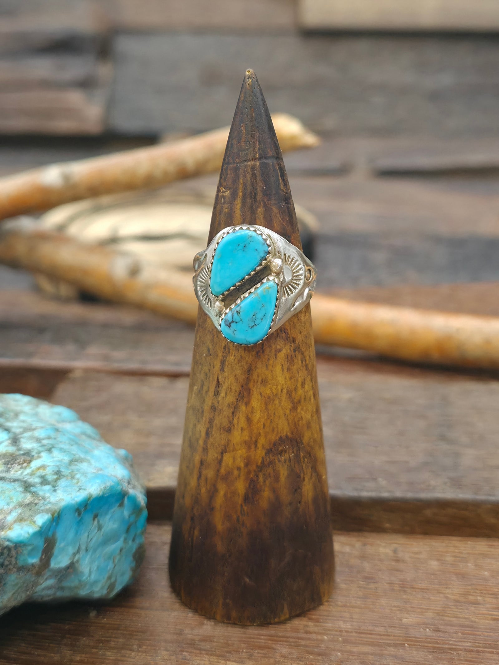 Two Stone Stamped Sterling Silver Turquoise Ring - Size 9 1/2