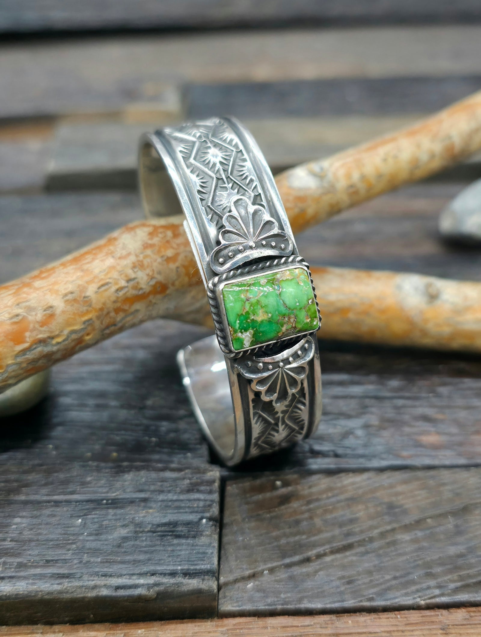 Stamped Sterling Silver and Sonoran Turquoise Cuff by Sunshine Reeves - 6 1/4 in.