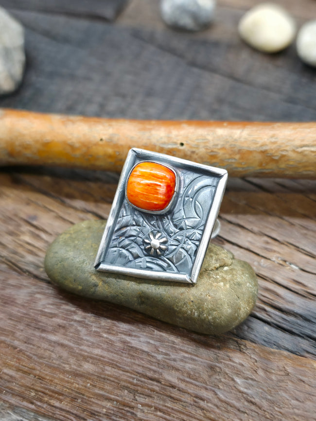 Stamped Sterling Silver Starshot and Spiny Oyster Ring by Rosella Paxton - Adjustable