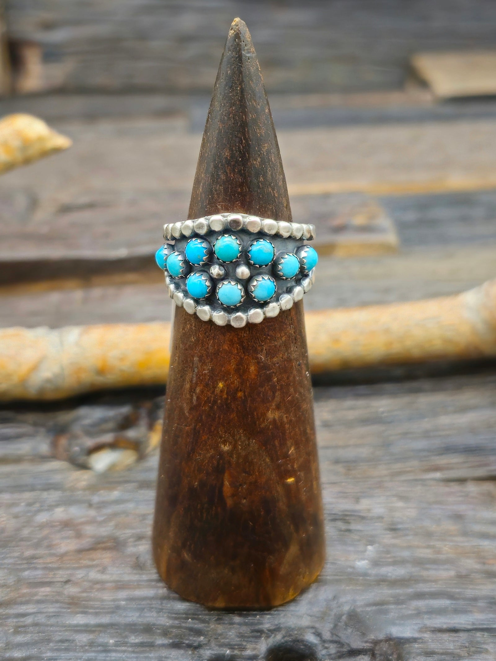 Blue Turquoise and Sterling Silver Petit Point Ring by J. Saunders - Size 8