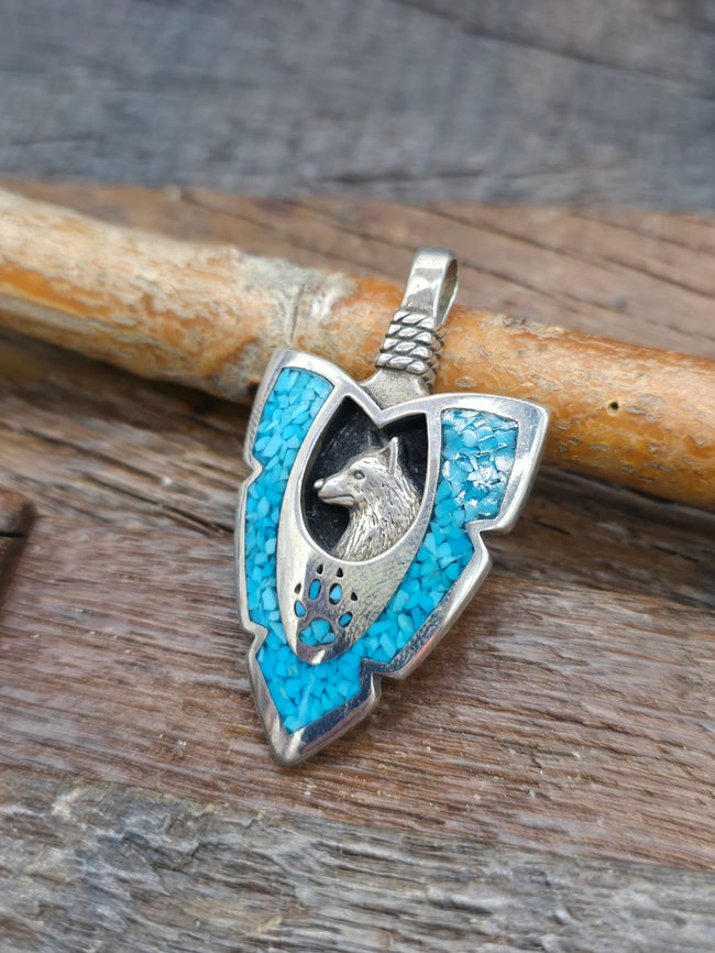 Sterling Silver Turquoise Chip Inlay Arrowhead Pendant - Wolf  NON NATIVE MADE - 2 1/4 in. by 1 1/4 in.