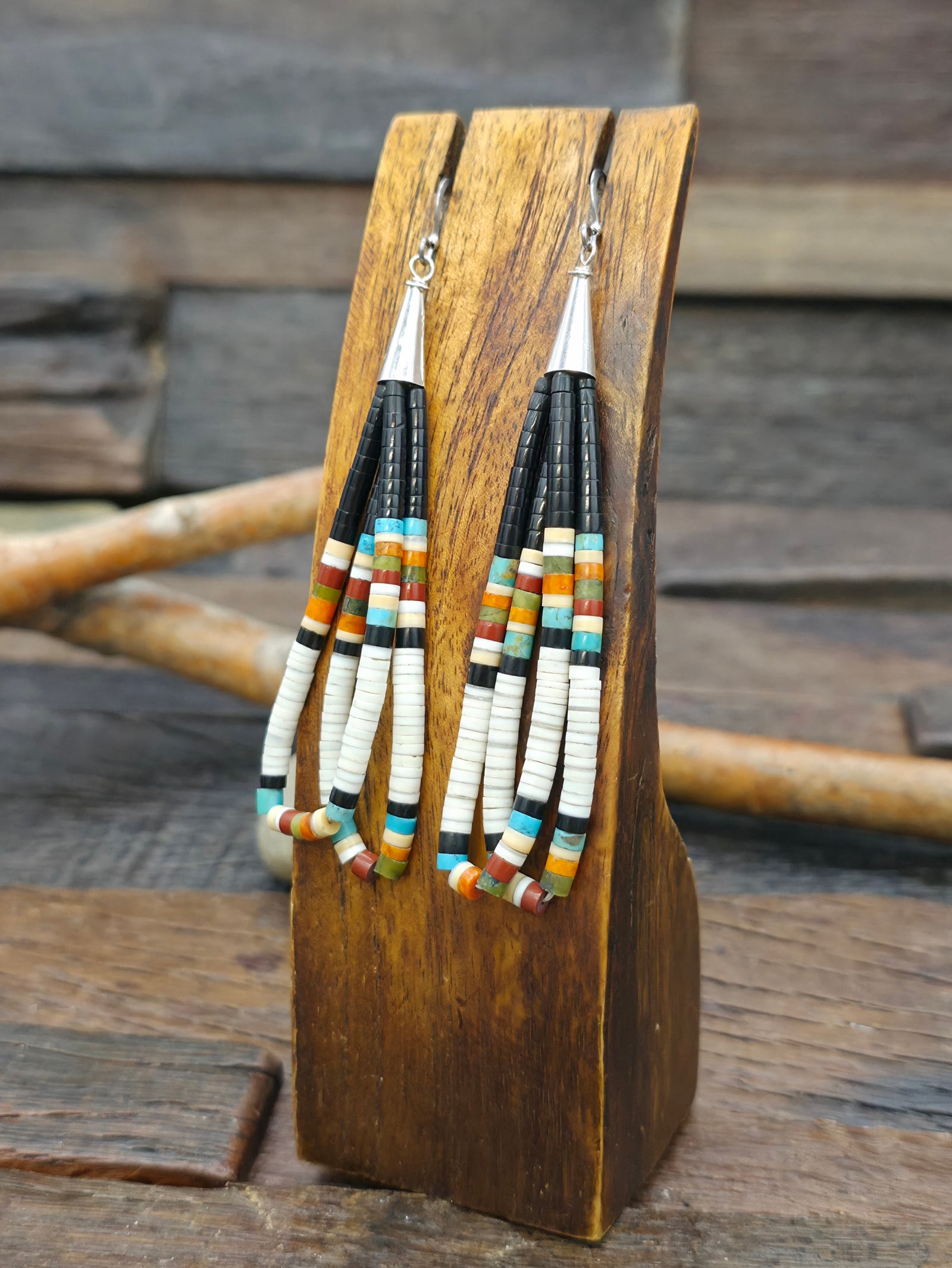Heishi Earrings by Dorene Calabaza - Jet and White Clam - 4 in. by 1 in.