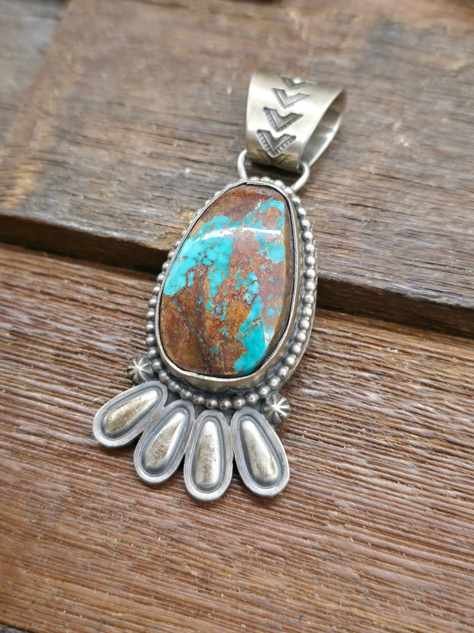 Stamped Sterling Silver Royston Turquoise Pendant by Jeff Lucio - 2 3/4 in. by 1 1/4 in.
