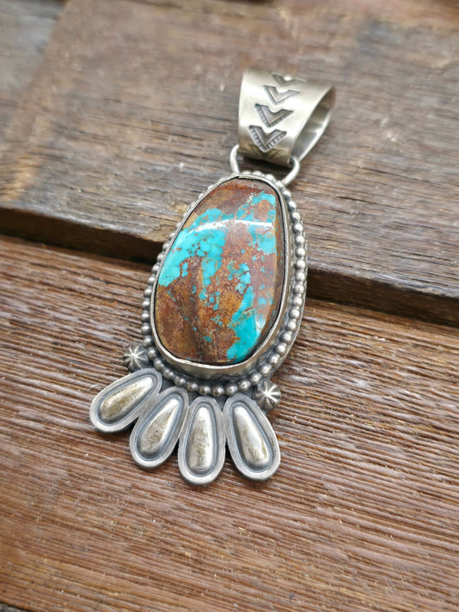 Stamped Sterling Silver Royston Turquoise Pendant by Jeff Lucio - 2 3/4 in. by 1 1/4 in.