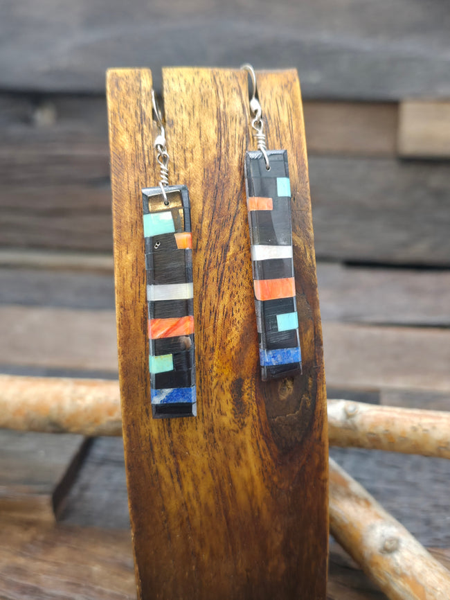 Mosaic Inlay Earrings by Joe Reano - Jet, Turquoise, Spiny, and Lapis