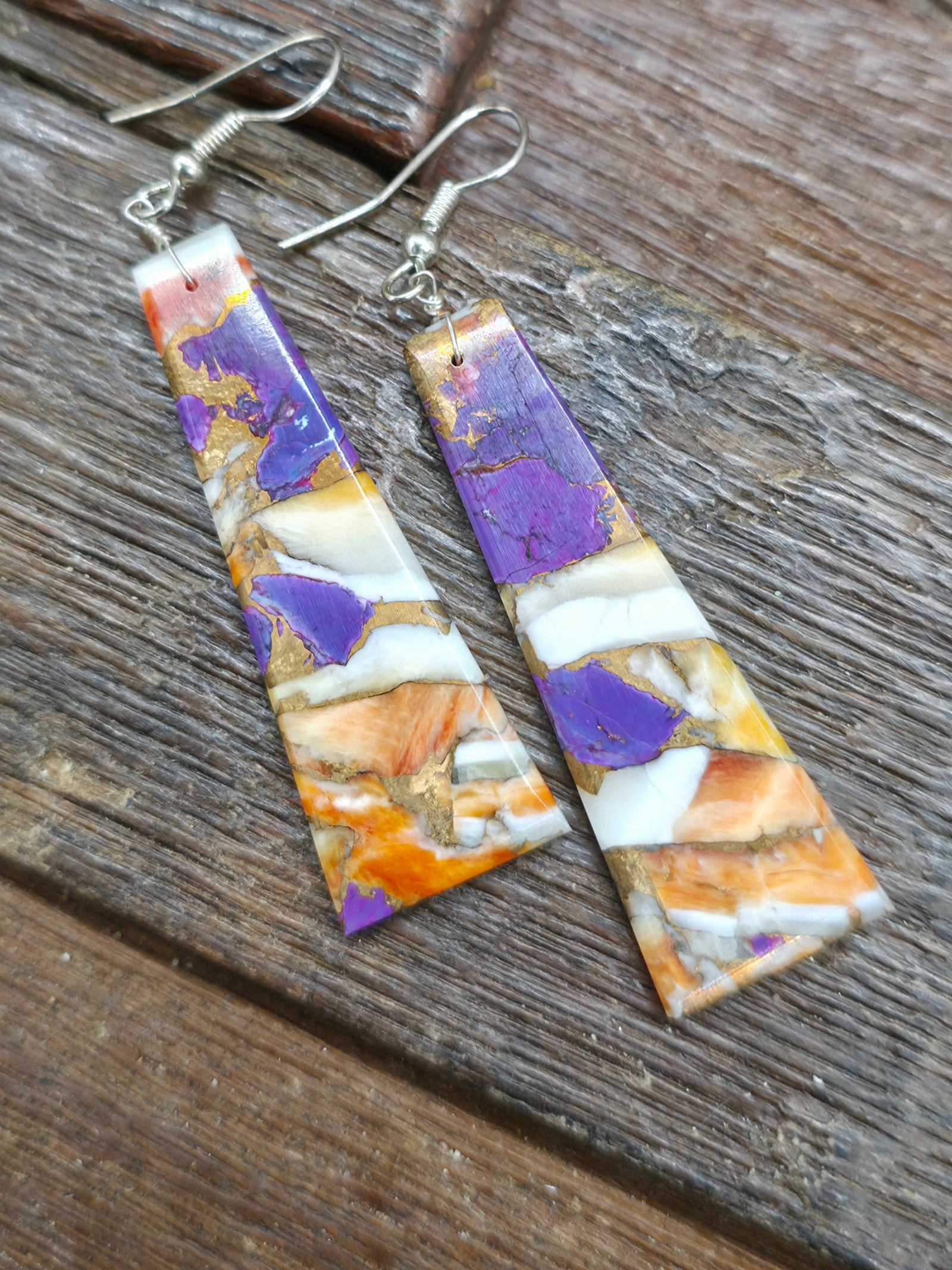 Purple Mojave and Spiny Oyster Composite Slab Earrings by Jameson Pete - 2 3/4 in. by 1/2 in.