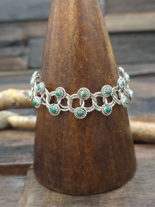 Sterling Silver Green Turquoise Snake Eye Bracelet by Dillion Cheama - 7 in.