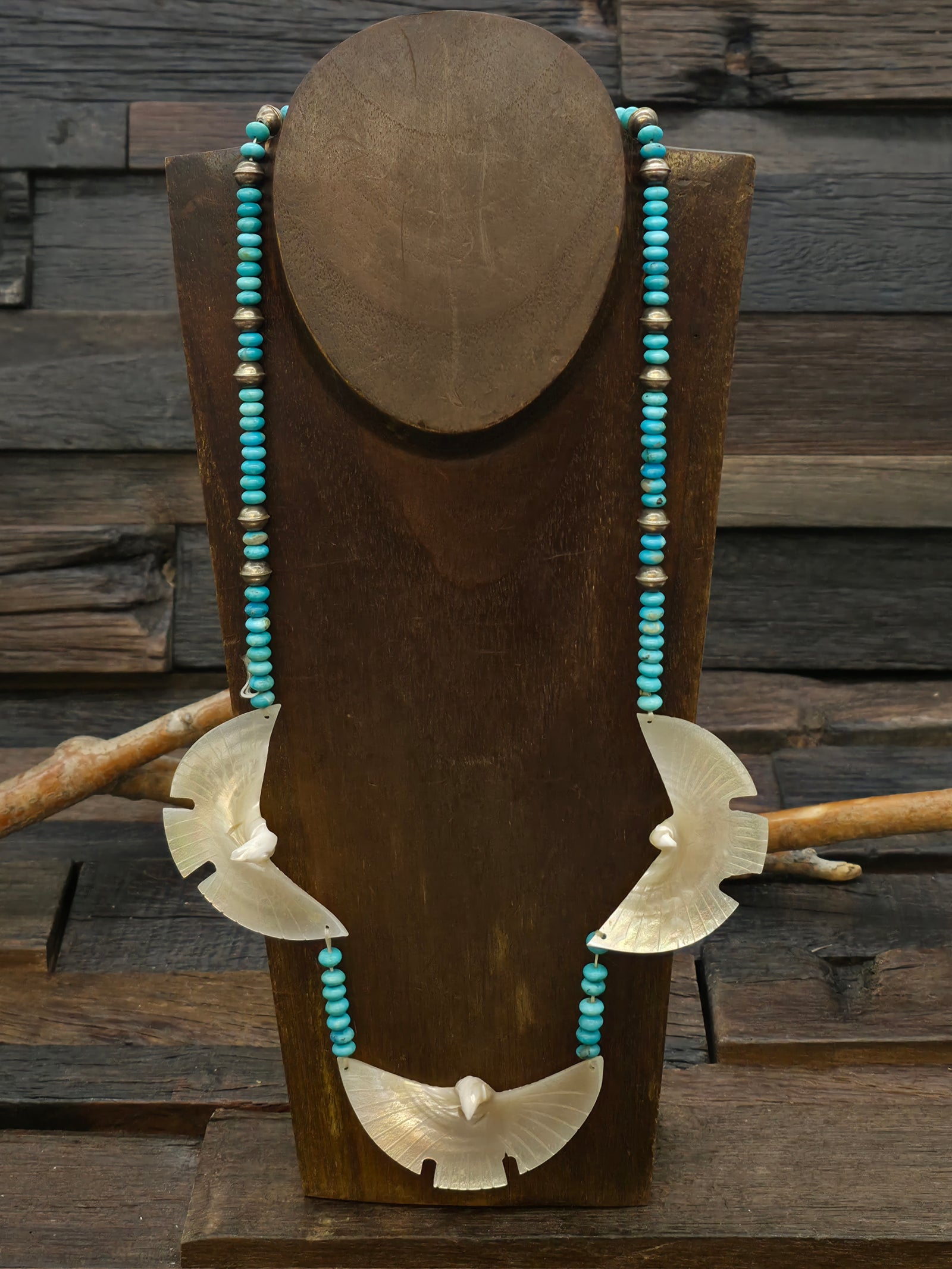 Turquoise and Sterling Silver Bead Necklace with Mother of Pearl Eagles - 25 in.