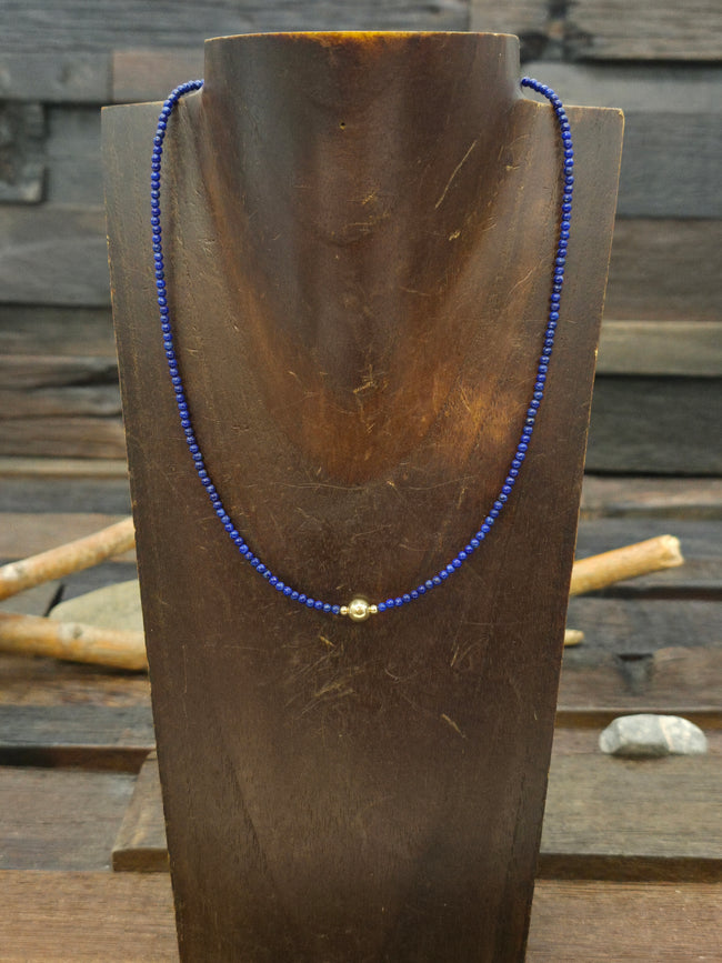 Lapis and 14K Gold Bead Necklace with Magnetic Clasp - NON NATIVE MADE - 16 in.
