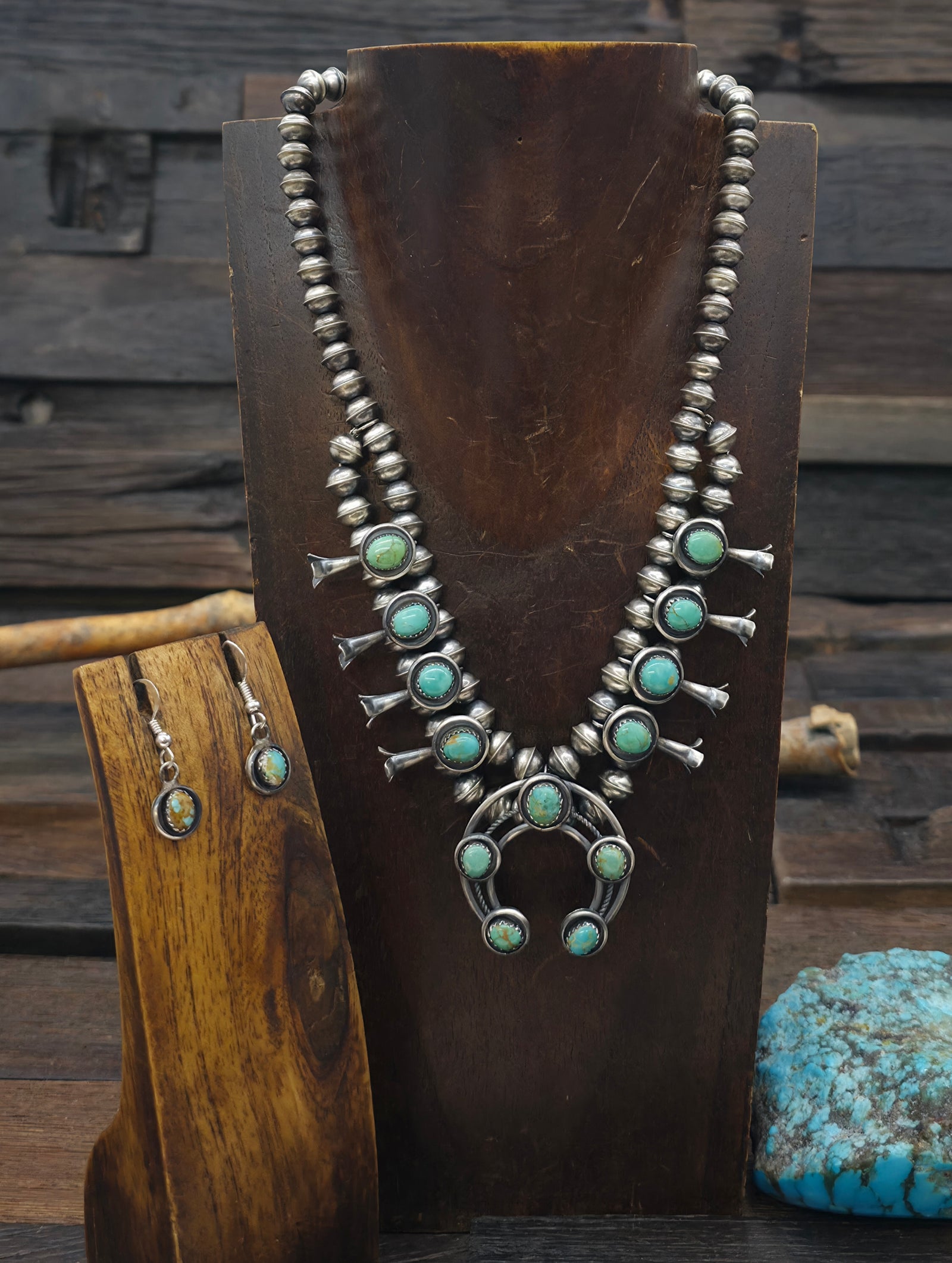 Sterling Silver Green Turquoise Squash Blossom Necklace and Earring Set by Phil and Lenora Garcia - 18 in.