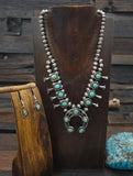 Sterling Silver Green Turquoise Squash Blossom Necklace and Earring Set by Phil and Lenora Garcia - 18 in.