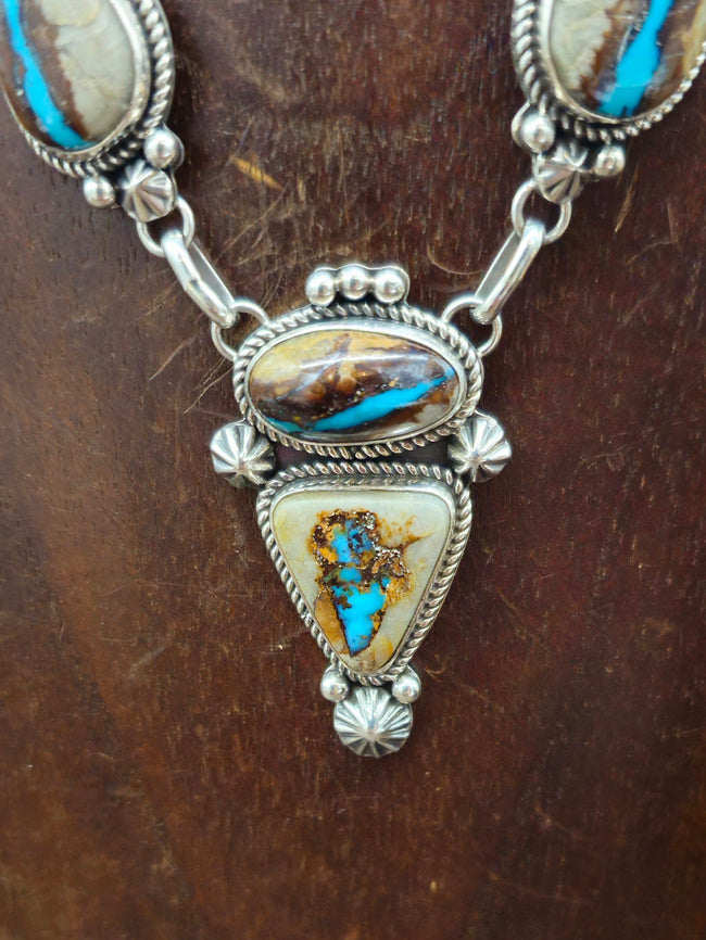 Blue Gem Boulder Turquoise Lariat Necklace and Earring Set by Rosella Paxton - 22 in.