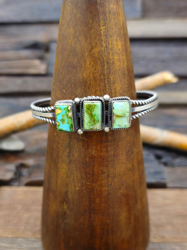 Three Stone Sonoran Turquoise Sterling Silver Cuff by L. Ganado - 7 in.