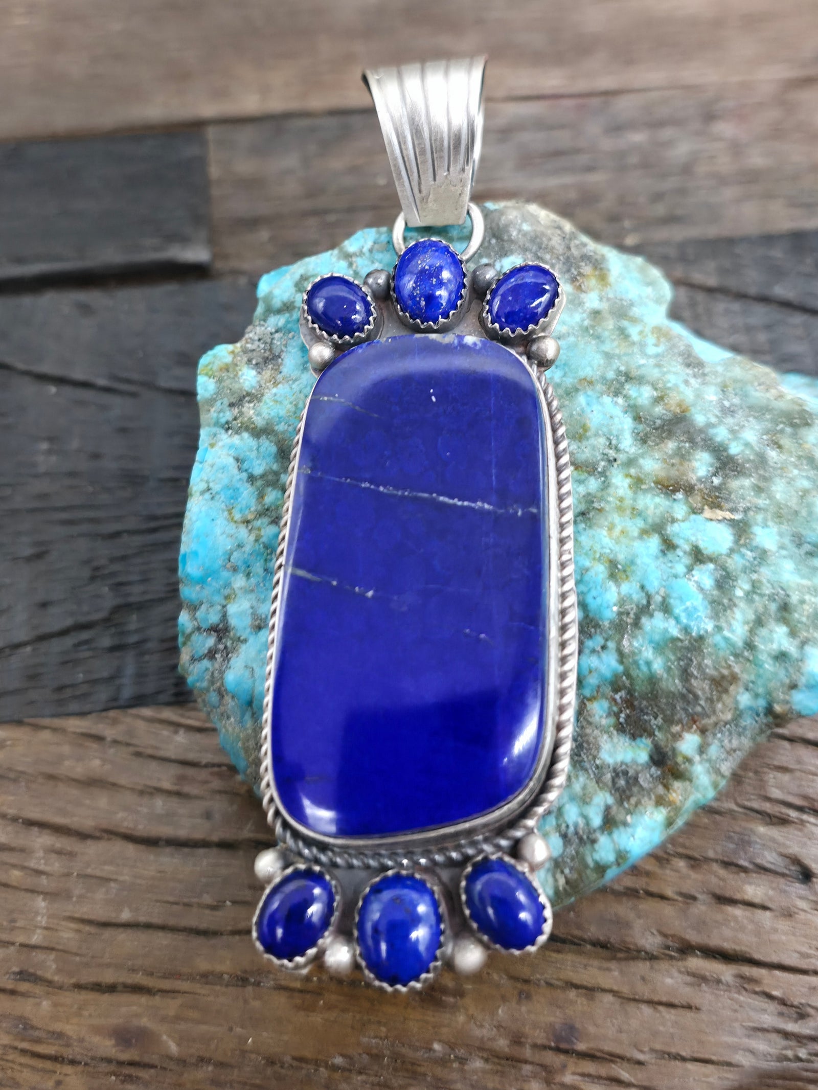 Sterling Silver Lapis Lazuli Rectangle Pendant by LaRose Ganadanegro - 3 3/4 in. by 1 1/4 in.