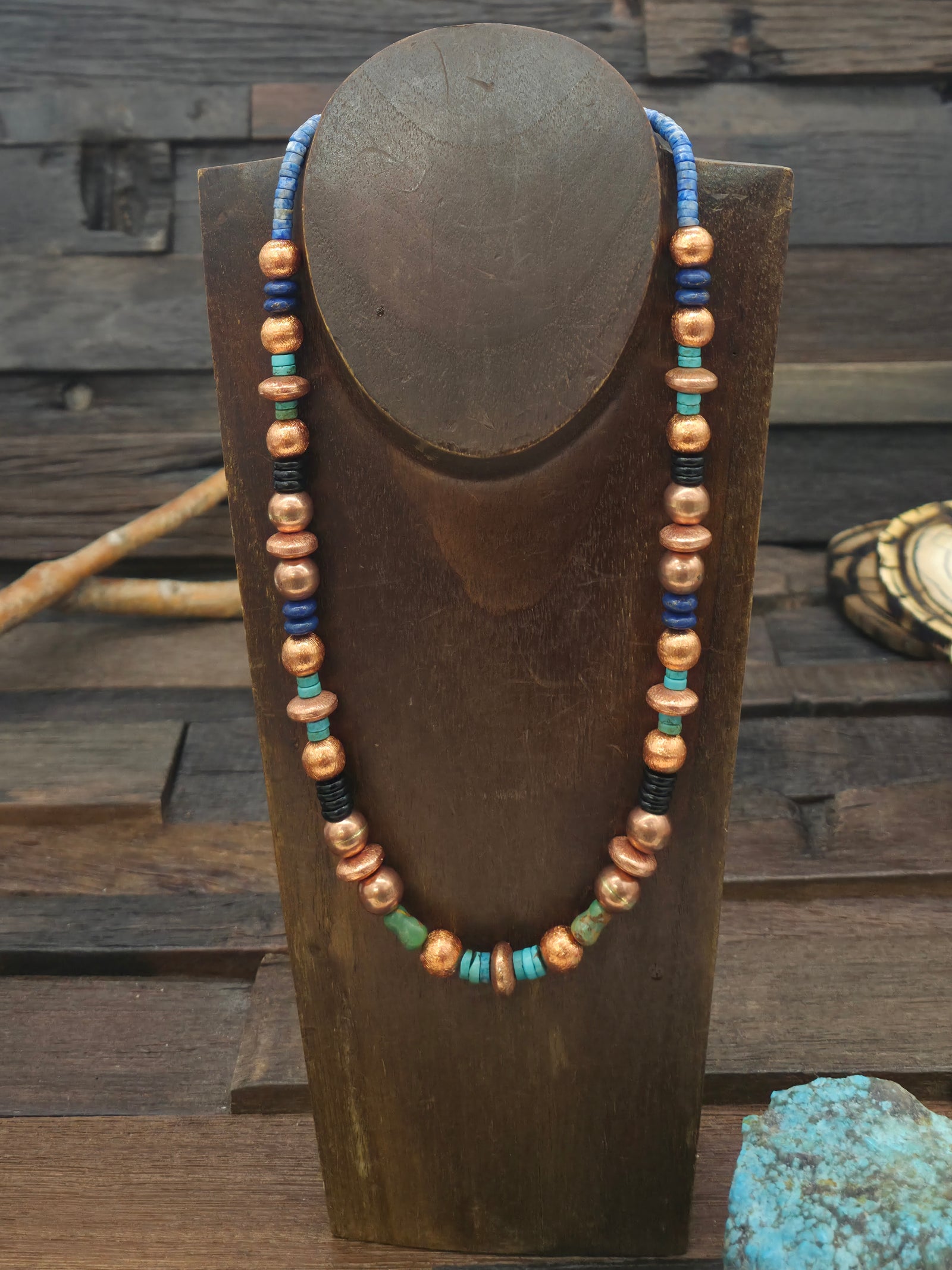 Lapis, Copper and Mixed Stone Bead Necklace by Lamar Tsosie - 20 in.