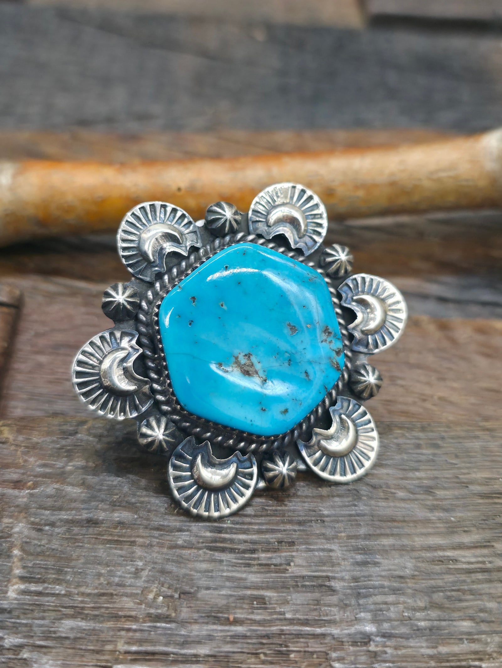 Stamped Sterling Silver Kingman Turquoise Octagon Ring by Marcus C. - Adjustable