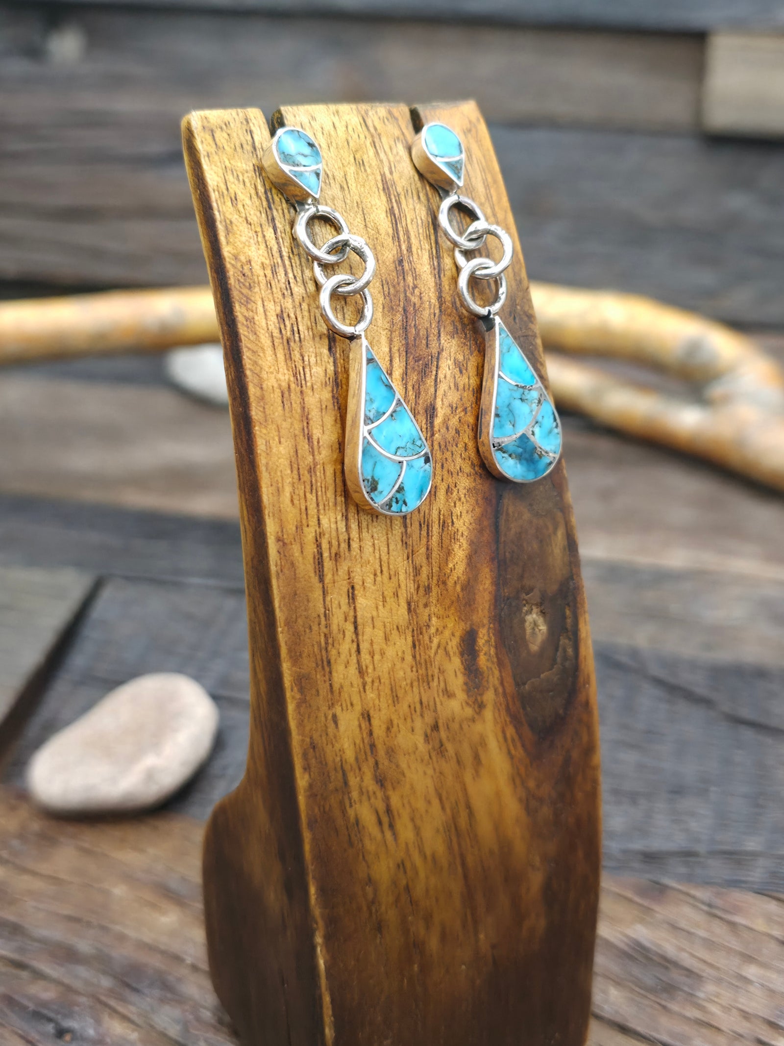 Sterling Silver Turquoise Inlay Post Dangle Earrings by Lynelle Johnson - 1 3/4 in. by 1/2 in.