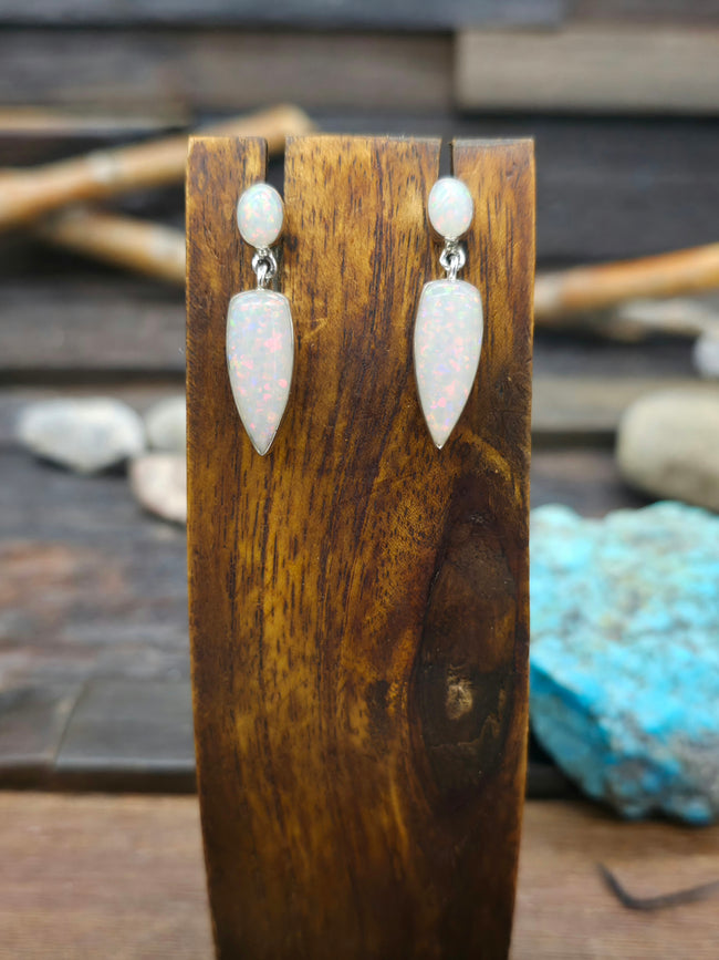 Two Stone Sterling Silver and Lab Opal Earrings by Sheryl Martinez