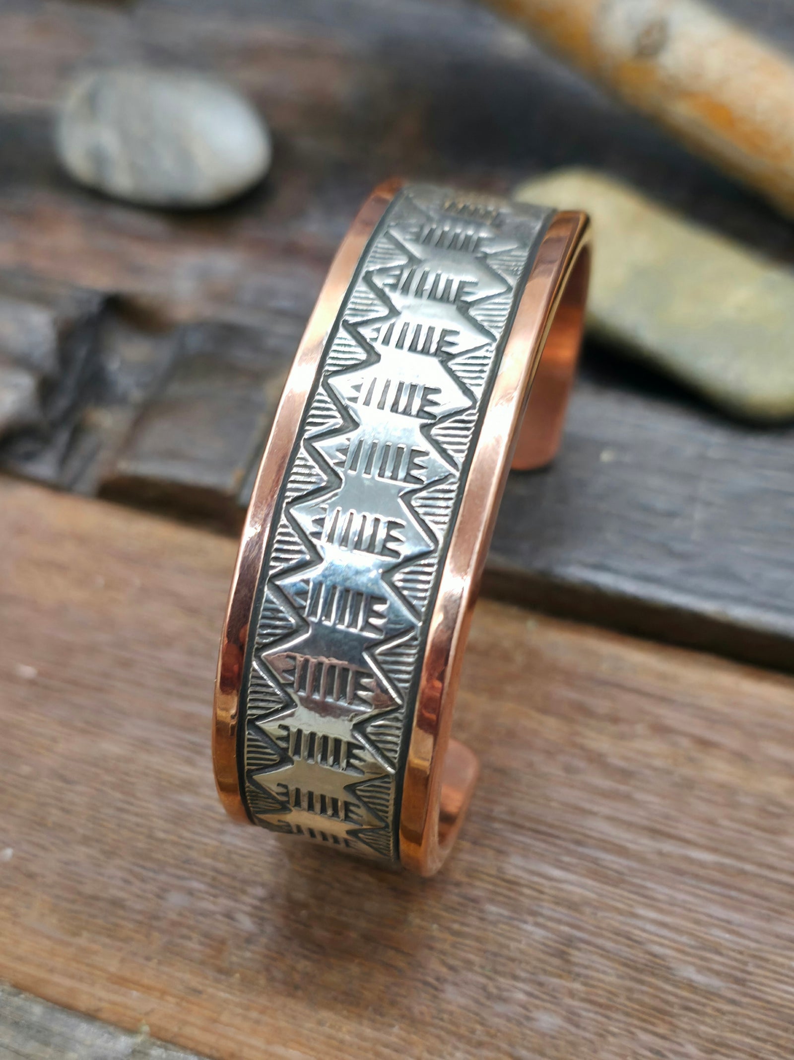 Copper Bracelet with Stamped Sterling Silver Center by Wiley Secatero - 6 1/2 in.