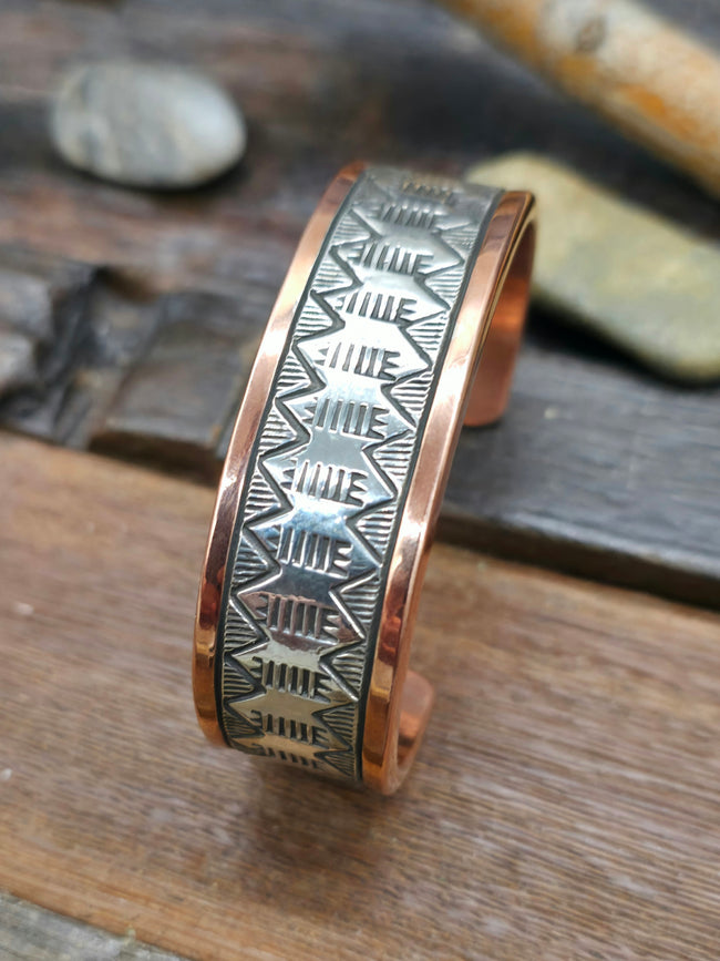 Copper Bracelet with Stamped Sterling Silver Center by Wiley Secatero - 6 1/2 in.