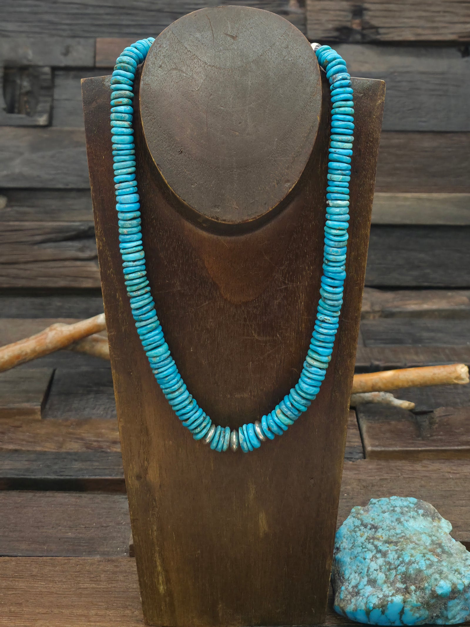 Turquoise Rondelle Necklace with Sterling Silver Beads - 20 in.