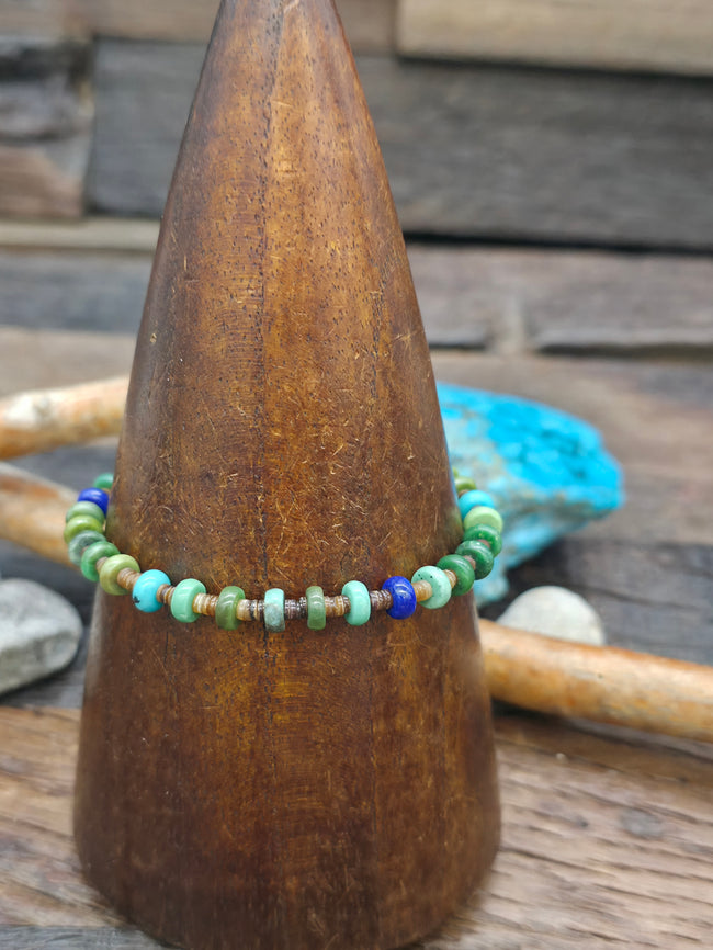 Olive Shell, Lapis Lazuli, and Green Turquoise Heishi Bracelet by Irene Lovato - 7 1/2 in.