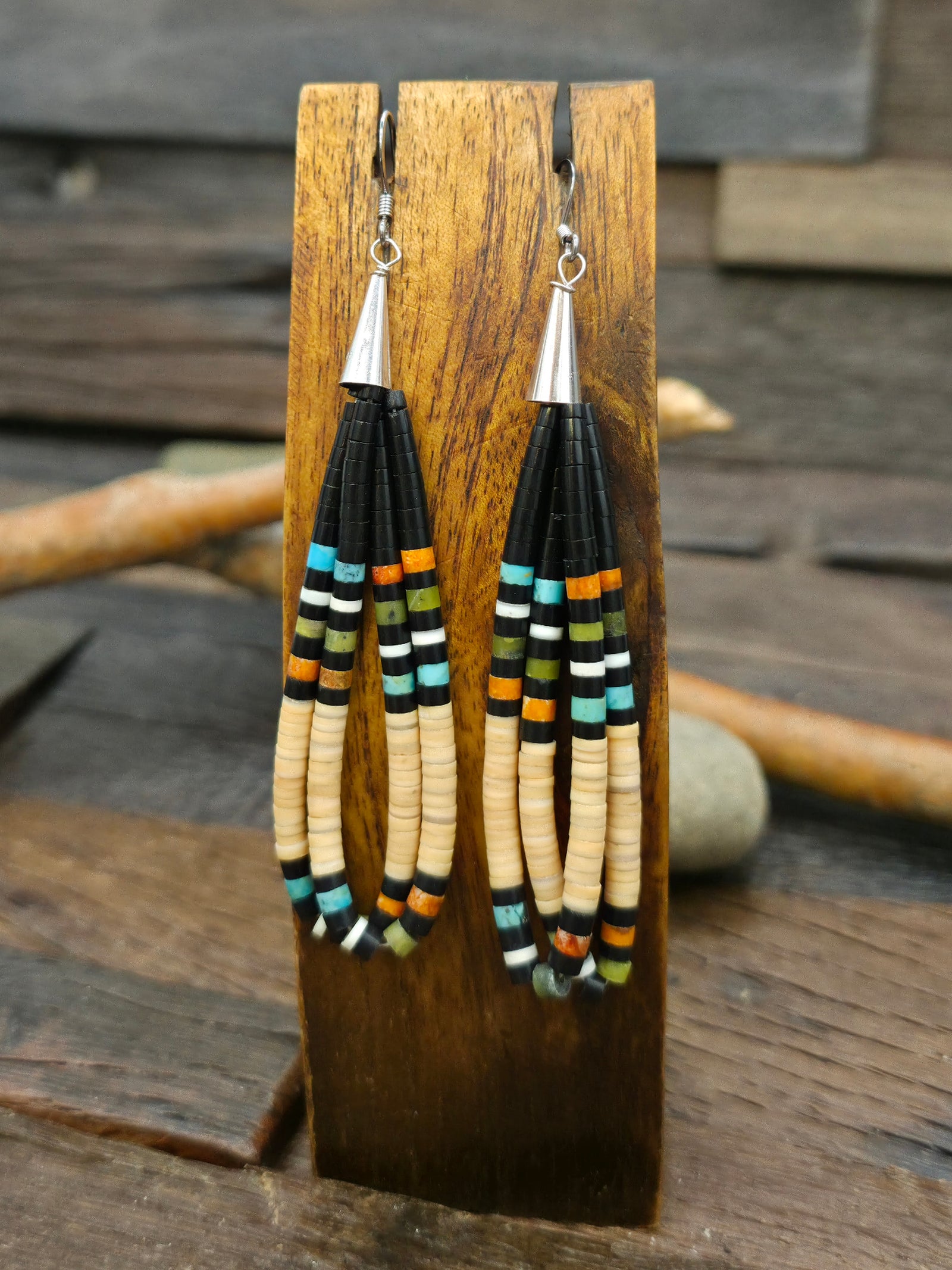 Heishi Earrings by Dorene Calabaza - Jet and Melon Shell - 4 in. by 1 in.