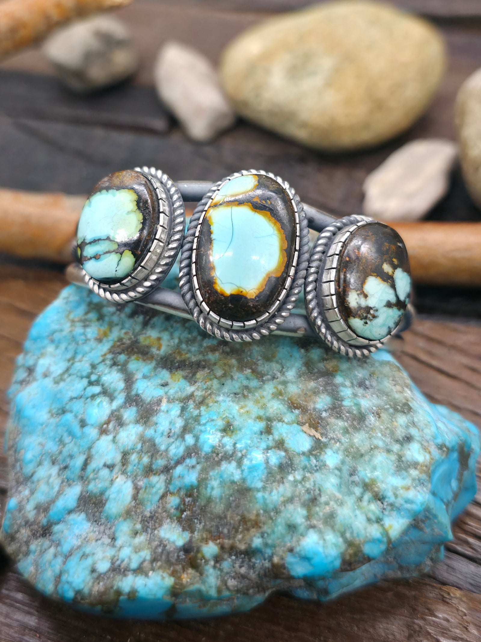 Three Stone Sterling Silver Sky Horse Turquoise Cuff by Walter Vandever - 6 1/2 in. with Gap