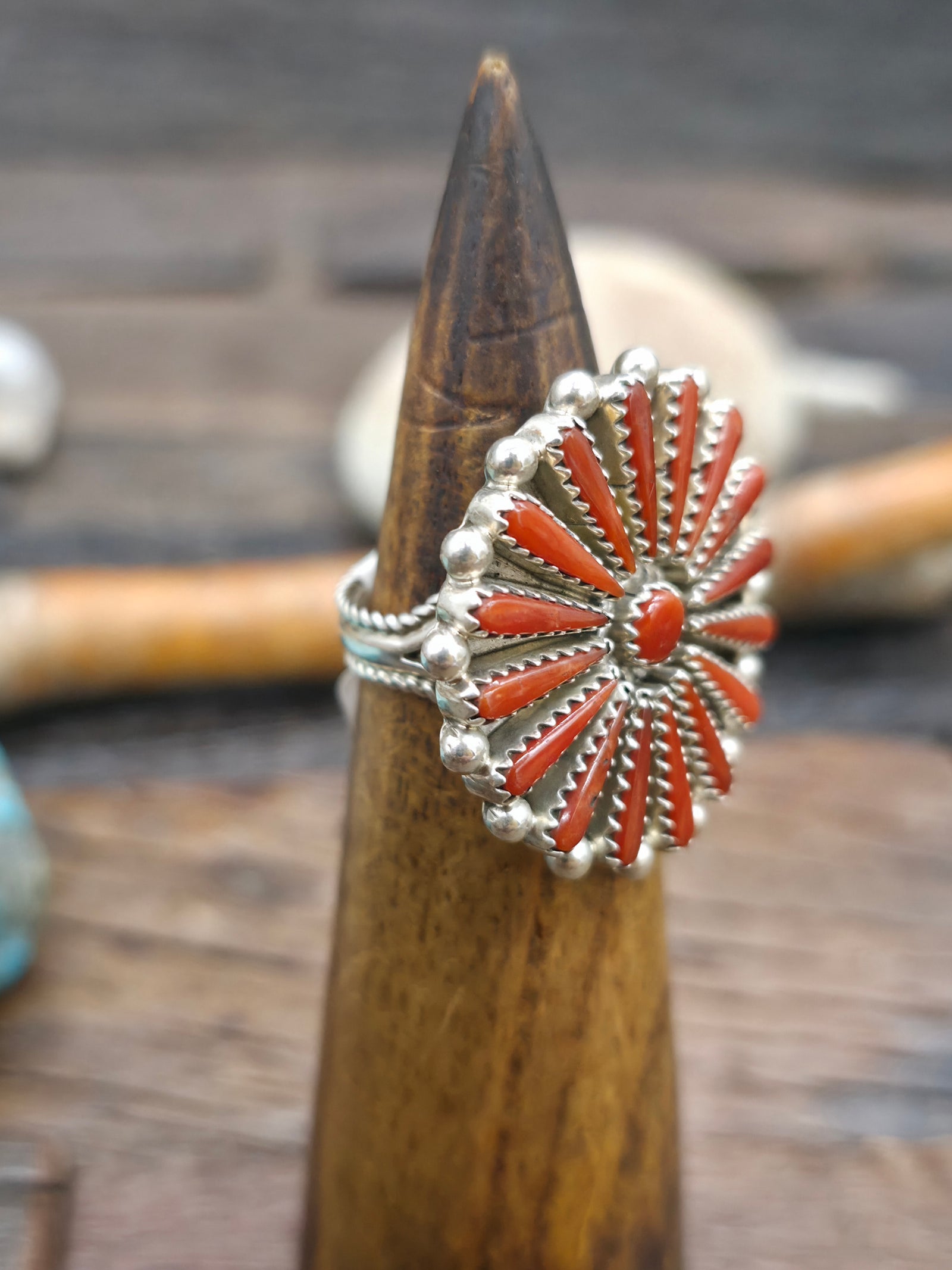 Sterling Silver Coral Needlepoint Ring by Kyle Wilson - Size 9