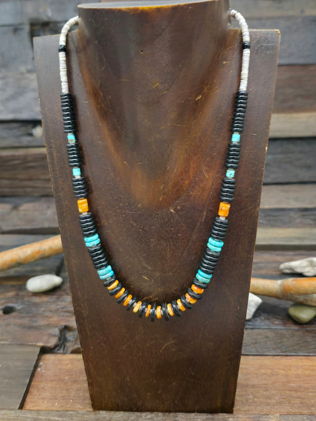 Turquoise, Jet, and Spiny Oyster Necklace - 19 in.