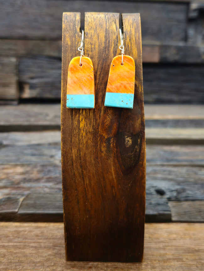 Orange Spiny Oyster and Turquoise Earrings by Marcella Castillo - 1 3/4 in